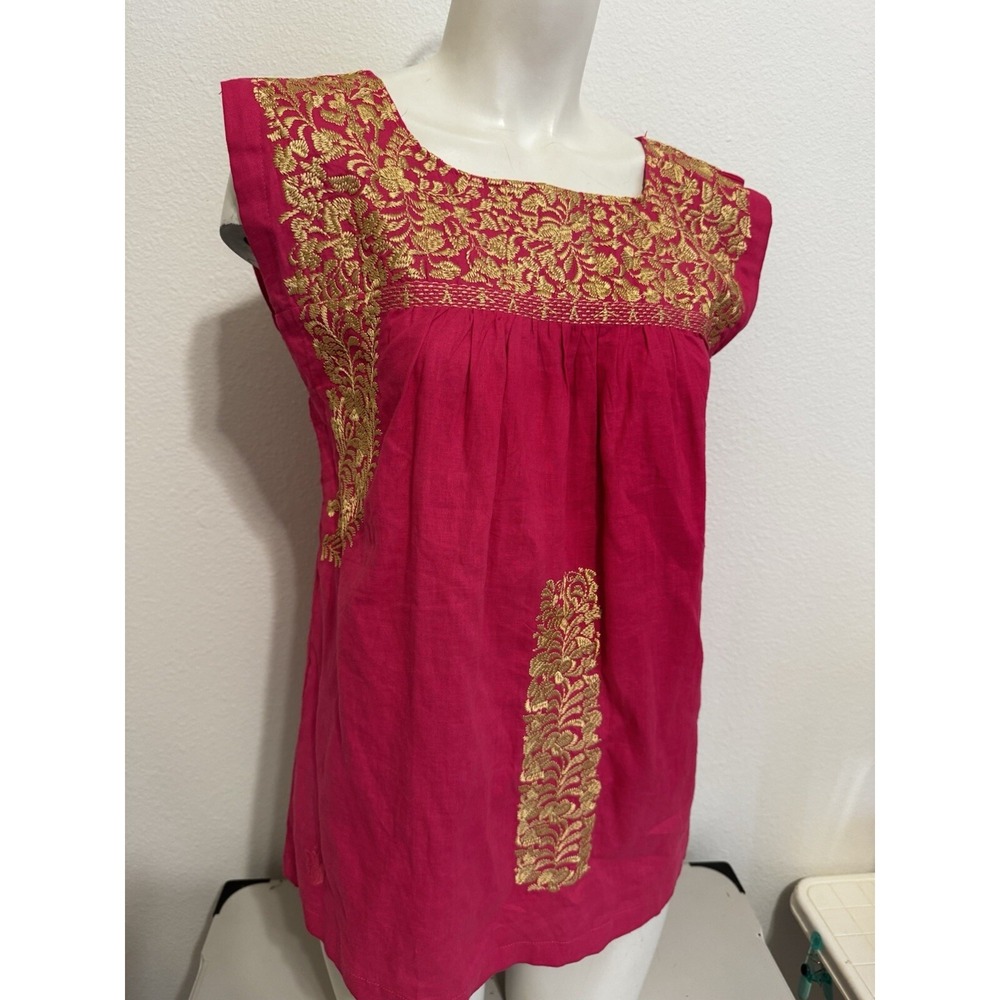 J Marie embroidered Devyn Linen top Fuchsia Pink Gold Mexican Resort S M Luxury
